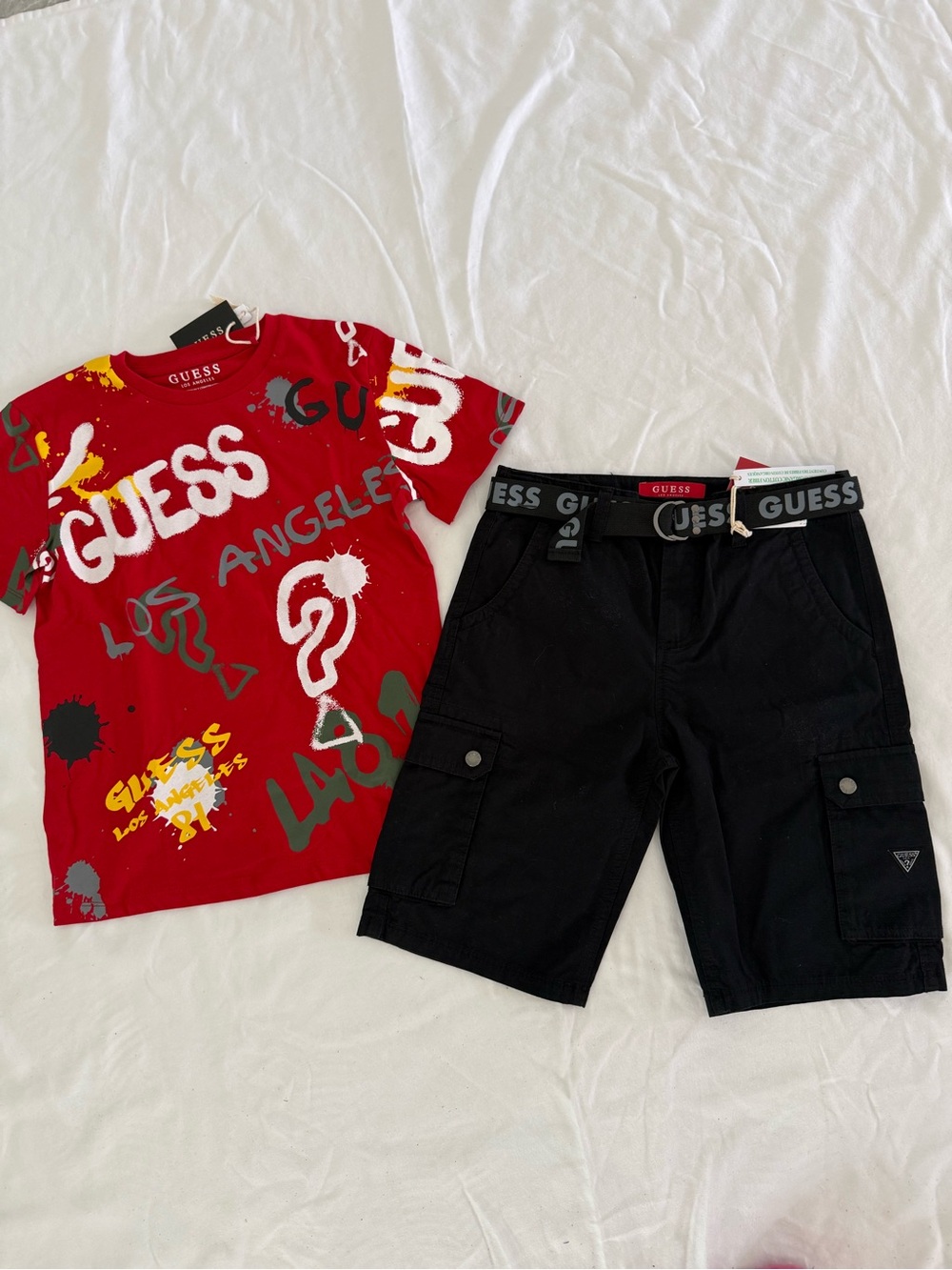 New boys Guess Sz 10 Red Graffiti Logo Tee with Black Cargo Shorts